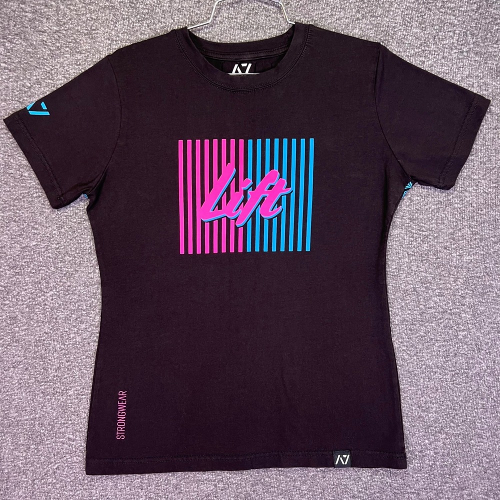 A7 Bar Grip T-Shirt Womens Large Black Pink Blue Synthwave Powerlifting Gym Top